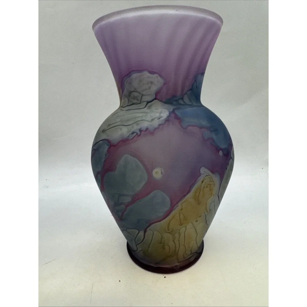 Rueven Nouveau Art Glass Frosted Hand Watercolor Painted Glass Vase Satin Matte
